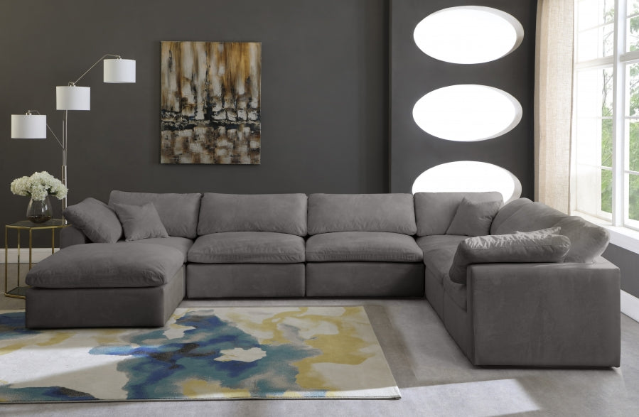 Meridian Furniture - Cozy 158" Velvet Upholstered Overstuffed Fiber Filled Comfort Comfort 7 Piece Modular Sectional - 634Grey-Sec7A - GreatFurnitureDeal