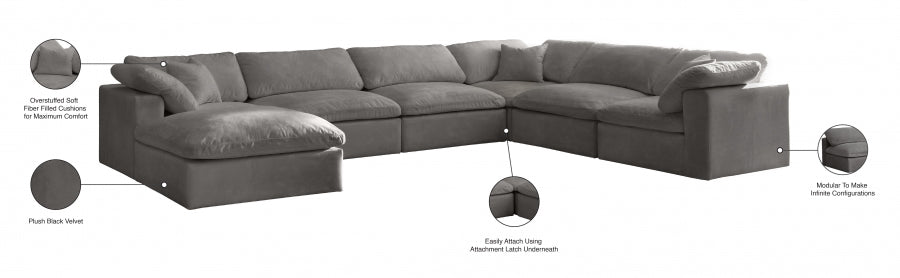 Meridian Furniture - Cozy 158" Velvet Upholstered Overstuffed Fiber Filled Comfort Comfort 7 Piece Modular Sectional - 634Grey-Sec7A - GreatFurnitureDeal