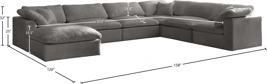 Meridian Furniture - Cozy 158" Velvet Upholstered Overstuffed Fiber Filled Comfort Comfort 7 Piece Modular Sectional - 634Grey-Sec7A - GreatFurnitureDeal