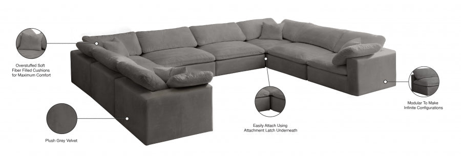 Meridian Furniture - Cozy 158" Velvet Upholstered Overstuffed Fiber Filled Comfort Comfort 8 Piece Modular Sectional - 634Grey-Sec8A - GreatFurnitureDeal