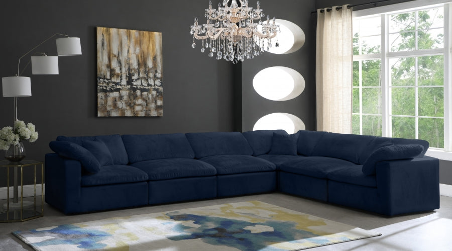 Meridian Furniture - Cozy 158" Velvet Upholstered Overstuffed Fiber Filled Comfort Comfort 6 Piece Modular Sectional - 634Navy-Sec6A - GreatFurnitureDeal