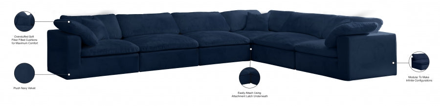 Meridian Furniture - Cozy 158" Velvet Upholstered Overstuffed Fiber Filled Comfort Comfort 6 Piece Modular Sectional - 634Navy-Sec6A - GreatFurnitureDeal