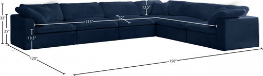 Meridian Furniture - Cozy 158" Velvet Upholstered Overstuffed Fiber Filled Comfort Comfort 6 Piece Modular Sectional - 634Navy-Sec6A - GreatFurnitureDeal
