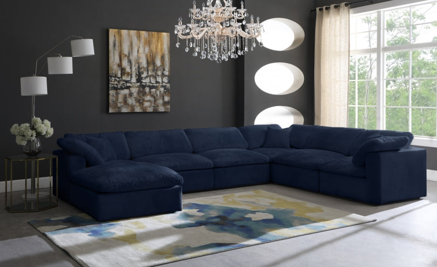 Meridian Furniture - Cozy 158" Velvet Upholstered Overstuffed Fiber Filled Comfort Comfort 7 Piece Modular Sectional - 634Navy-Sec7A - GreatFurnitureDeal