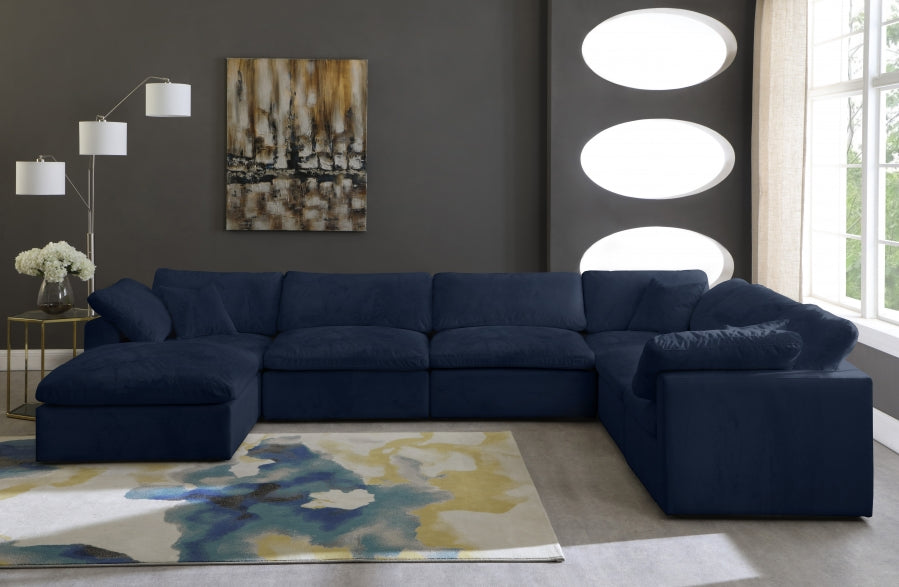 Meridian Furniture - Cozy 158" Velvet Upholstered Overstuffed Fiber Filled Comfort Comfort 7 Piece Modular Sectional - 634Navy-Sec7A - GreatFurnitureDeal