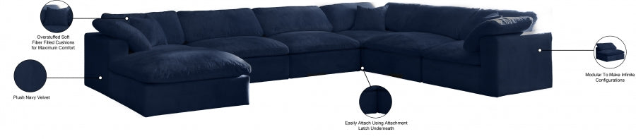 Meridian Furniture - Cozy 158" Velvet Upholstered Overstuffed Fiber Filled Comfort Comfort 7 Piece Modular Sectional - 634Navy-Sec7A - GreatFurnitureDeal