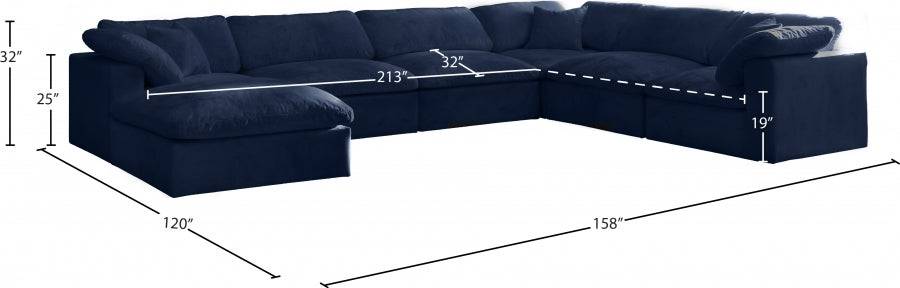 Meridian Furniture - Cozy 158" Velvet Upholstered Overstuffed Fiber Filled Comfort Comfort 7 Piece Modular Sectional - 634Navy-Sec7A - GreatFurnitureDeal