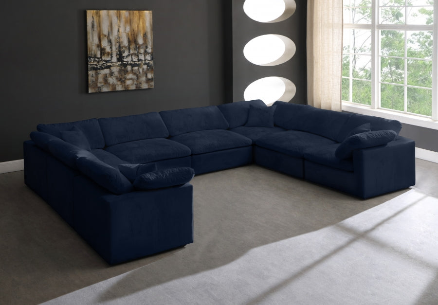 Meridian Furniture - Cozy 158" Velvet Upholstered Overstuffed Fiber Filled Comfort Comfort 8 Piece Modular Sectional - 634Navy-Sec8A - GreatFurnitureDeal