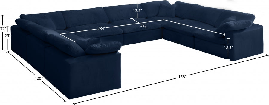 Meridian Furniture - Cozy 158" Velvet Upholstered Overstuffed Fiber Filled Comfort Comfort 8 Piece Modular Sectional - 634Navy-Sec8A - GreatFurnitureDeal