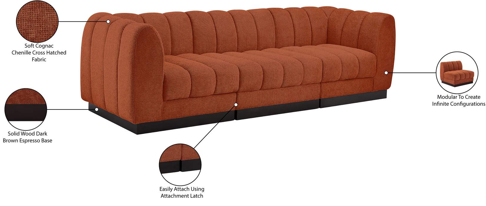 Meridian Furniture - Quinn 101" Cognac Chenille Fabric Upholstered 3pc. Sofa - 124Cognac-S101 - GreatFurnitureDeal