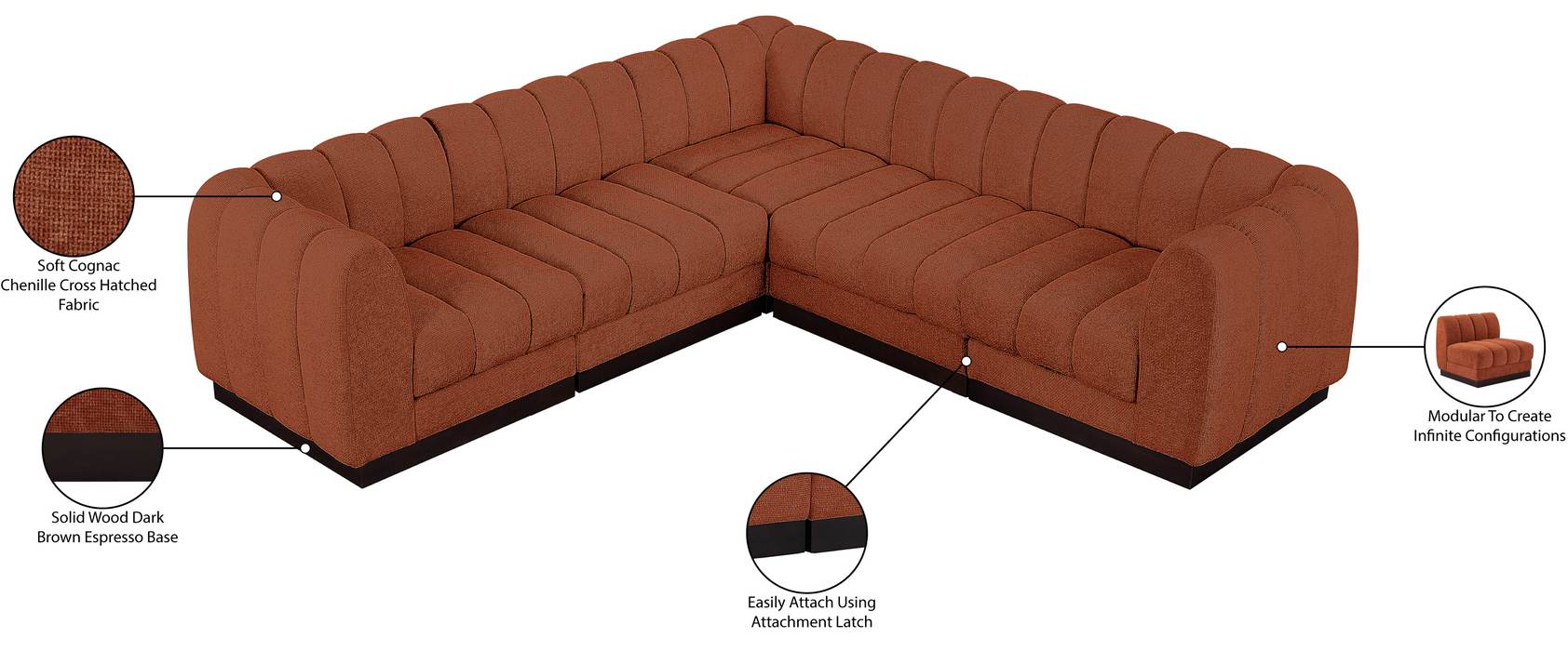 Meridian Furniture - Quinn 101" Cognac Chenille Fabric Upholstered 5pc. Sectional - 124Cognac-Sec5C - GreatFurnitureDeal