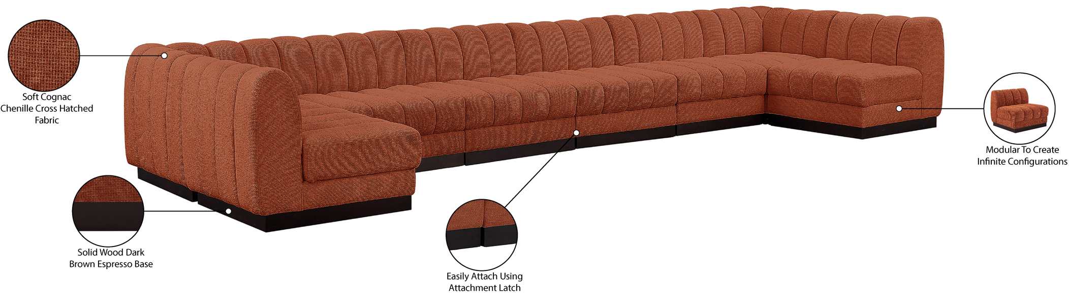 Meridian Furniture - Quinn 197" Cognac Chenille Fabric Upholstered 8pc. Sectional - 124Cognac-Sec8A - GreatFurnitureDeal