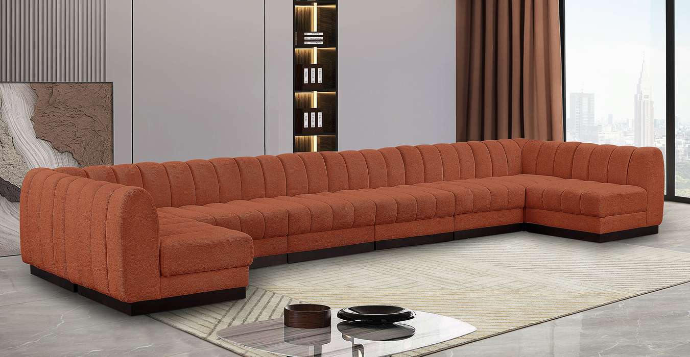 Meridian Furniture - Quinn 197" Cognac Chenille Fabric Upholstered 8pc. Sectional - 124Cognac-Sec8A - GreatFurnitureDeal