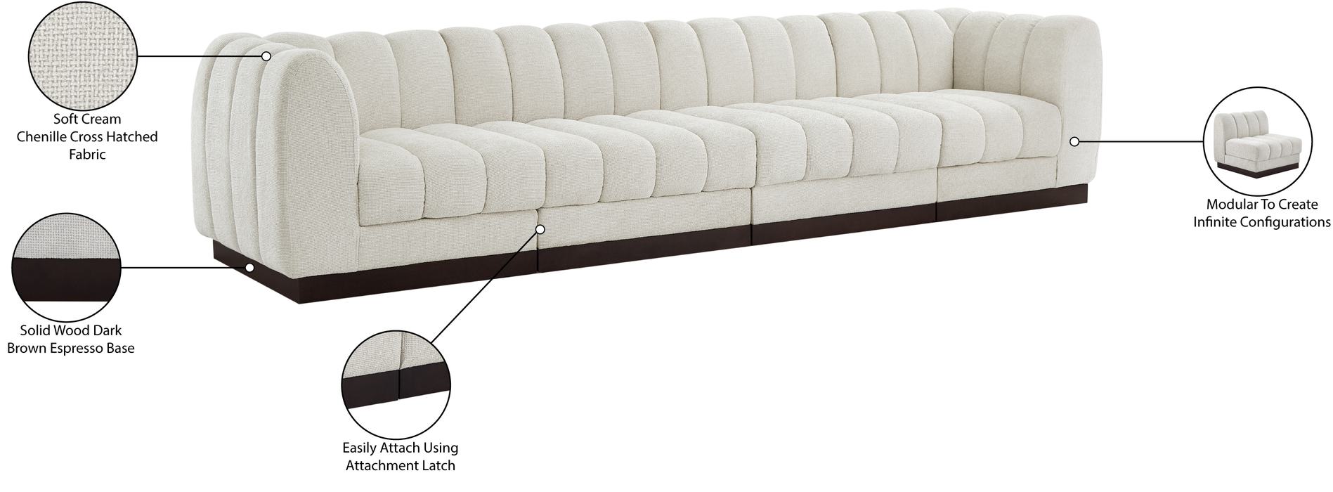 Meridian Furniture - Quinn 133" Cream Chenille Fabric Upholstered 4pc. Sofa - 124Cream-S133 - GreatFurnitureDeal