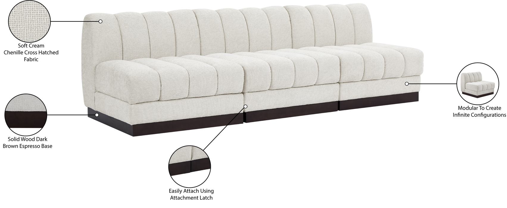 Meridian Furniture - Quinn 96" Cream Chenille Fabric Upholstered 3pc. Armless Sofa - 124Cream-S96 - GreatFurnitureDeal