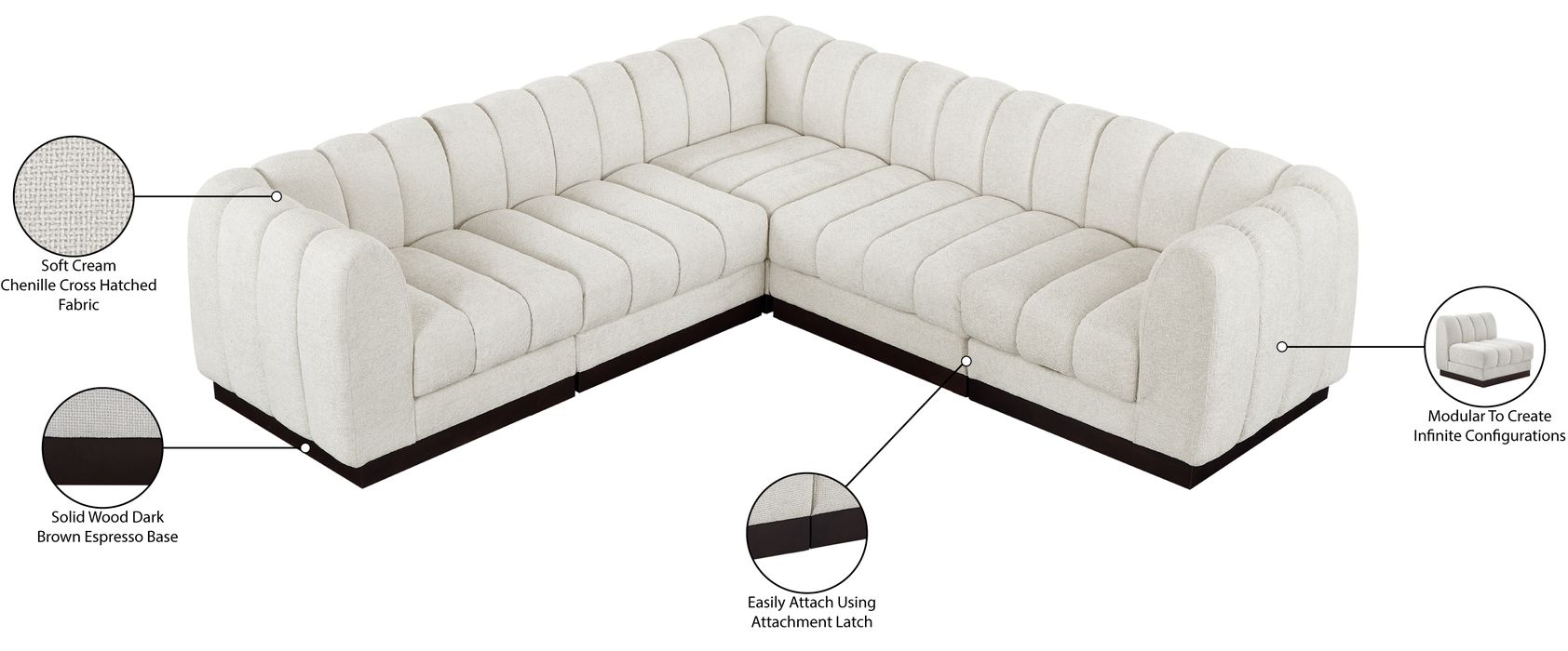 Meridian Furniture - Quinn 101" Cream Chenille Fabric Upholstered 5pc. Sectional - 124Cream-Sec5C - GreatFurnitureDeal