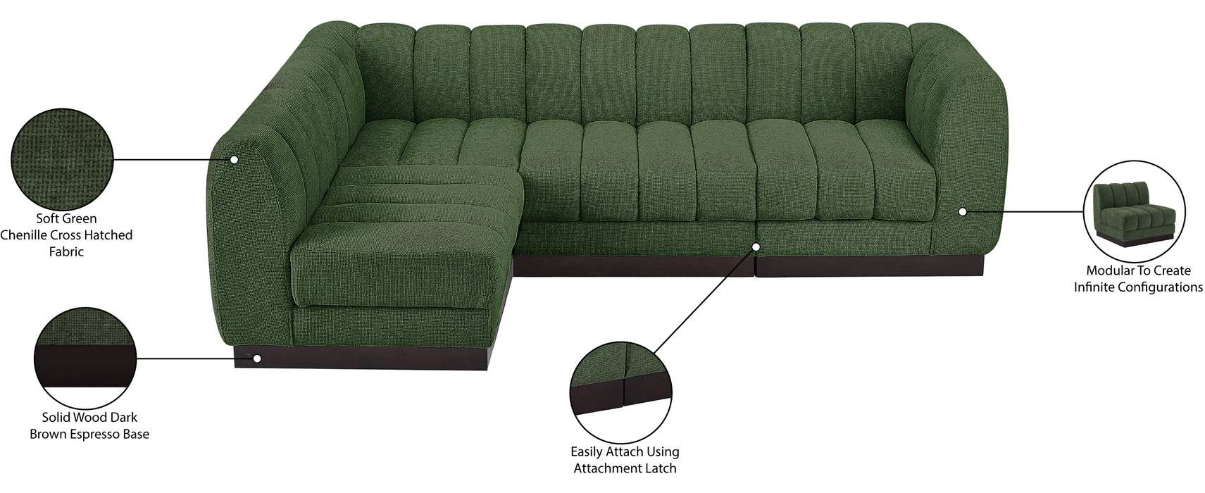 Meridian Furniture - Quinn 101" Green Chenille Fabric Upholstered 4pc. Sectional - 124Green-Sec4A - GreatFurnitureDeal