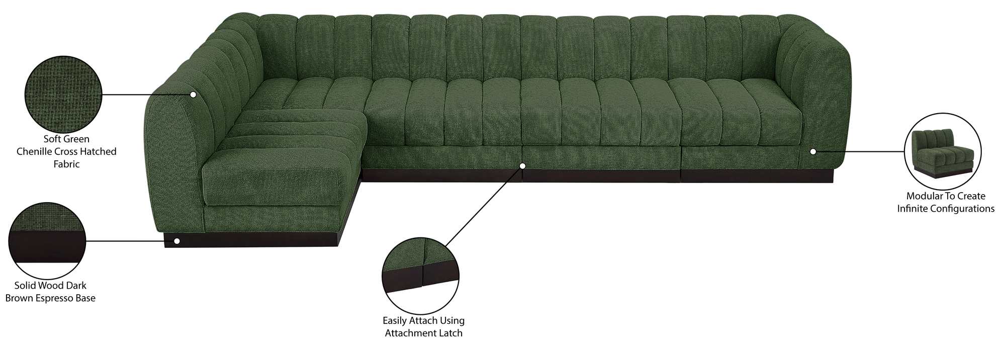 Meridian Furniture - Quinn 133" Green Chenille Fabric Upholstered 5pc. Sectional - 124Green-Sec5A - GreatFurnitureDeal