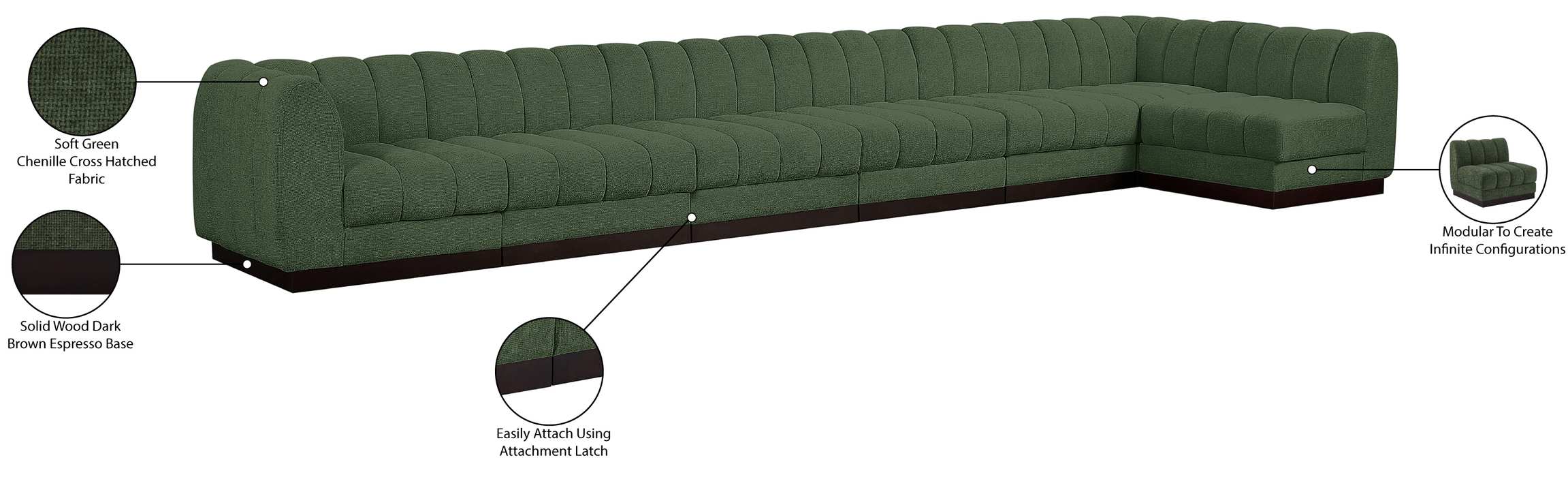 Meridian Furniture - Quinn 197" Green Chenille Fabric Upholstered 7pc. Sectional - 124Green-Sec7B - GreatFurnitureDeal