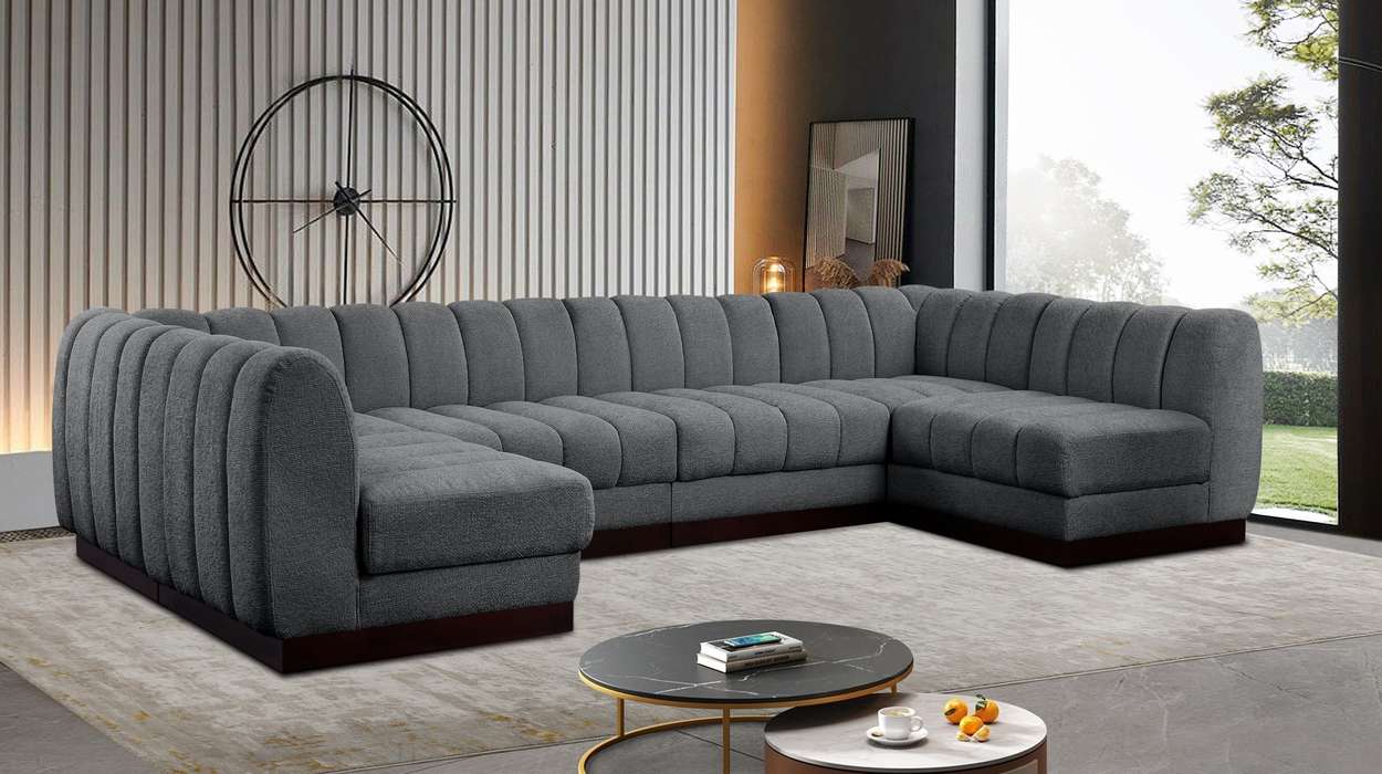Meridian Furniture - Quinn 133" Grey Chenille Fabric Upholstered 6pc. Sectional - 124Grey-Sec6A - GreatFurnitureDeal