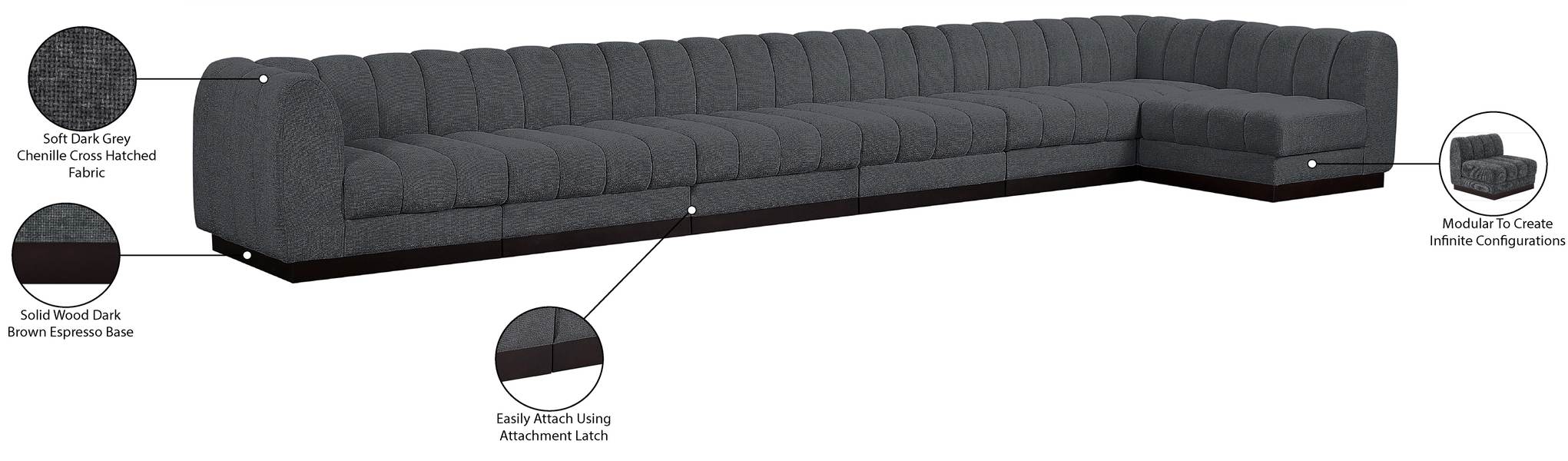 Meridian Furniture - Quinn 197" Grey Chenille Fabric Upholstered 7pc. Sectional - 124Grey-Sec7B - GreatFurnitureDeal