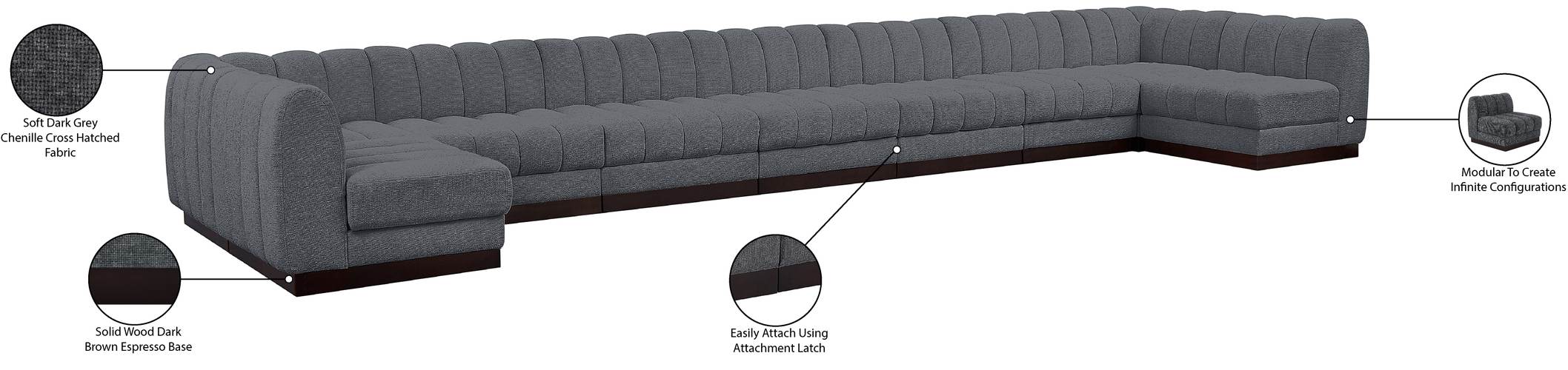 Meridian Furniture - Quinn 229" Grey Chenille Fabric Upholstered 9pc. Sectional - 124Grey-Sec9A - GreatFurnitureDeal