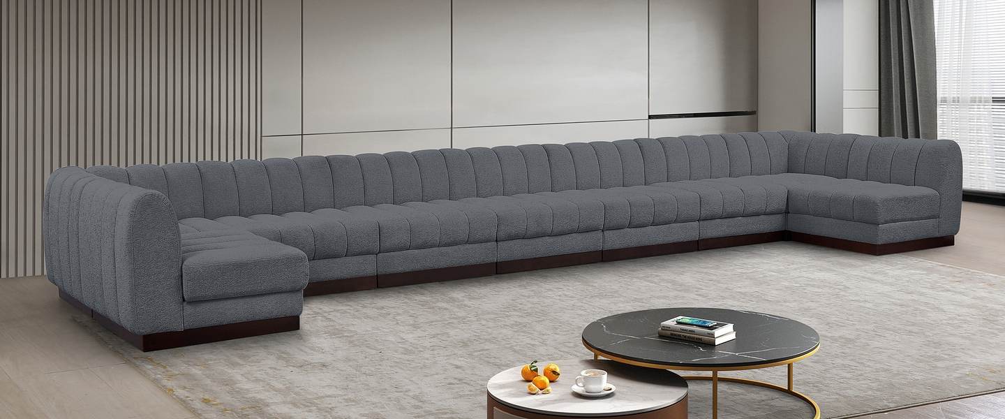 Meridian Furniture - Quinn 229" Grey Chenille Fabric Upholstered 9pc. Sectional - 124Grey-Sec9A - GreatFurnitureDeal