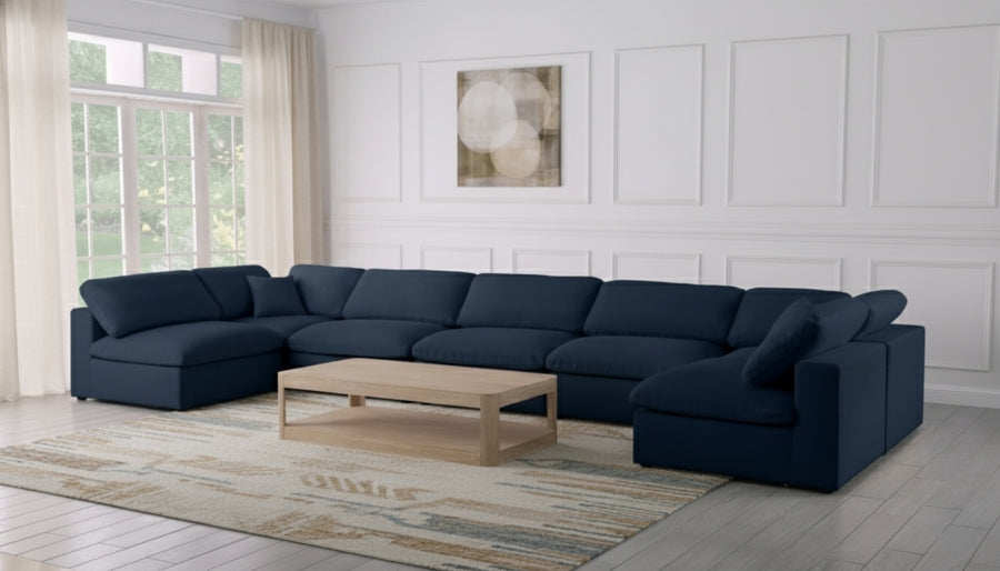 Meridian Furniture - Serene 197" Linen Textured Fabric Upholstered Deluxe Comfort 7 Piece Modular Sectional - 601Navy-Sec7B - GreatFurnitureDeal