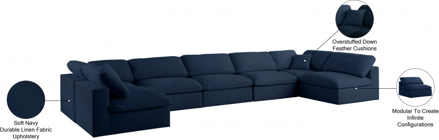 Meridian Furniture - Serene 197" Linen Textured Fabric Upholstered Deluxe Comfort 7 Piece Modular Sectional - 601Navy-Sec7B - GreatFurnitureDeal