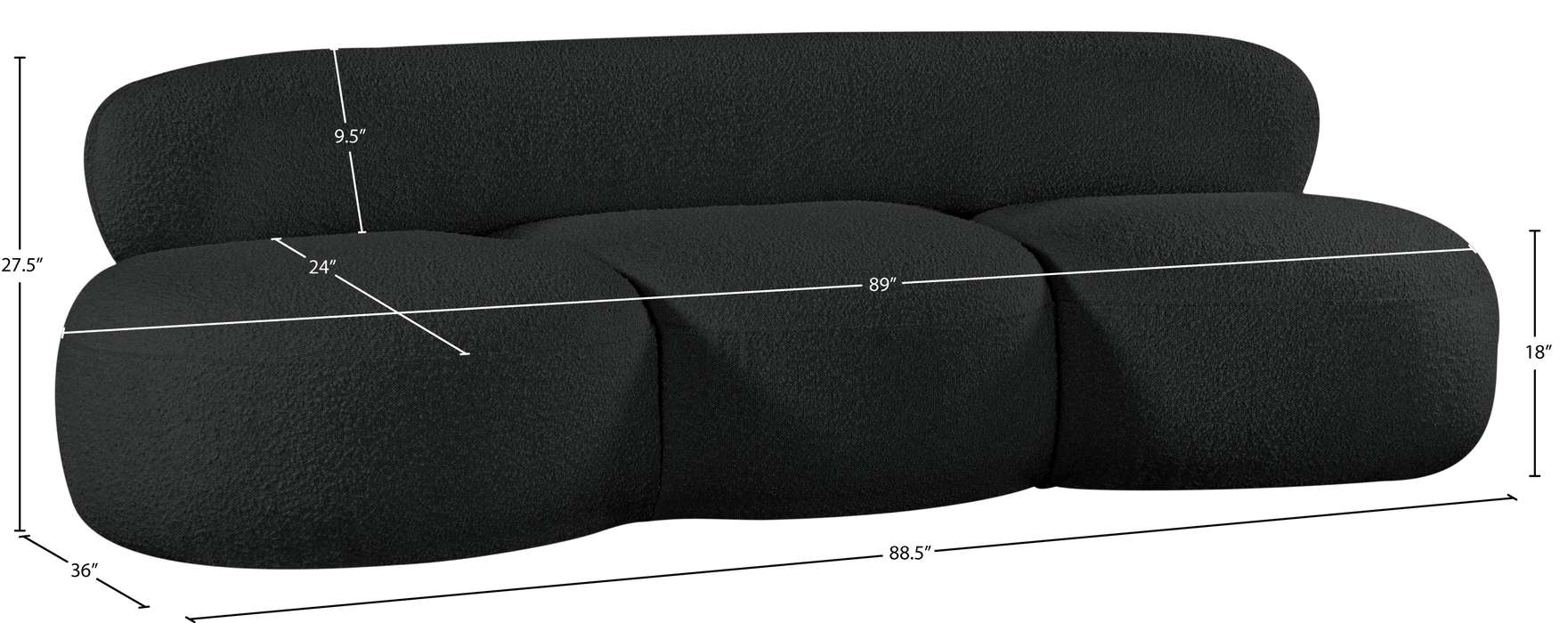 Meridian Furniture - Venti 88.5" Black Boucle Fabric Upholstered Sofa - 140Black-S - GreatFurnitureDeal