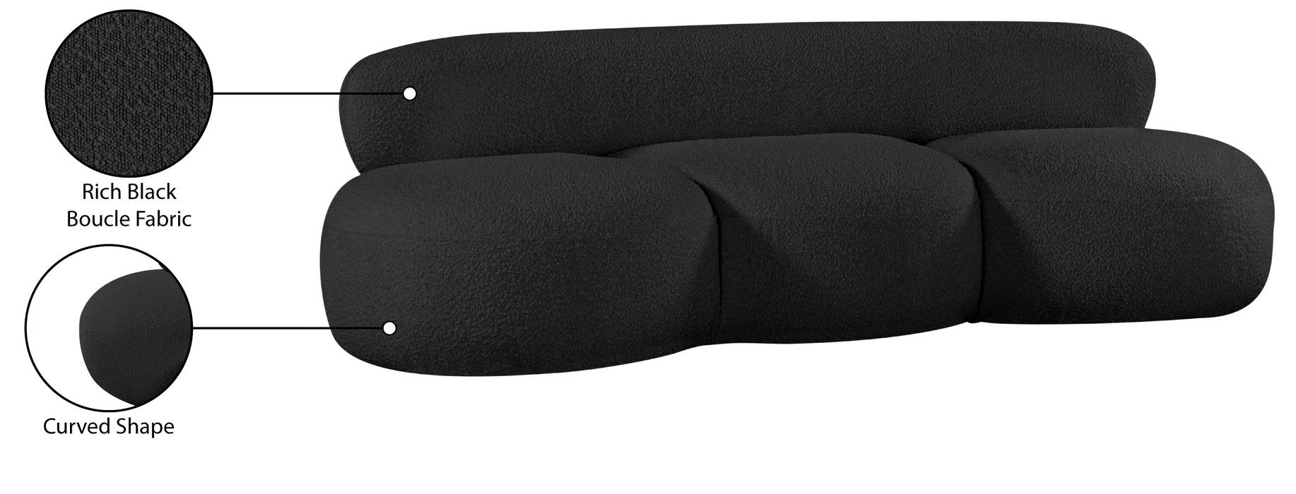 Meridian Furniture - Venti 88.5" Black Boucle Fabric Upholstered Sofa - 140Black-S - GreatFurnitureDeal