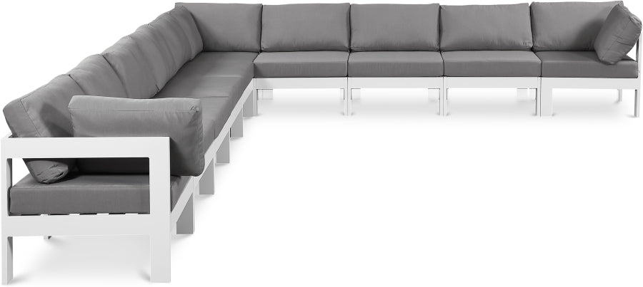 Meridian Furniture - Nizuc 180" Water Resistant Fabric Upholstered Outdoor Patio 10 Piece Modular Sectional - 375Grey-Sec10A - GreatFurnitureDeal