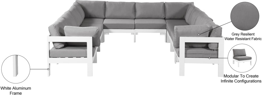 Meridian Furniture - Nizuc 120" Water Resistant Fabric Upholstered Outdoor Patio 10 Piece Modular Sectional - 375Grey-Sec10B - GreatFurnitureDeal