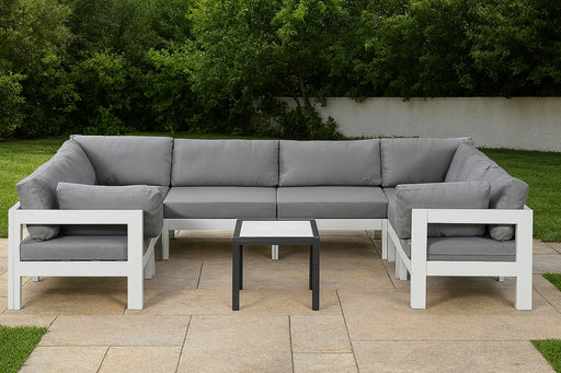 Meridian Furniture - Nizuc 120" Water Resistant Fabric Upholstered Outdoor Patio 8 Piece Modular Sectional - 375Grey-Sec8B - GreatFurnitureDeal