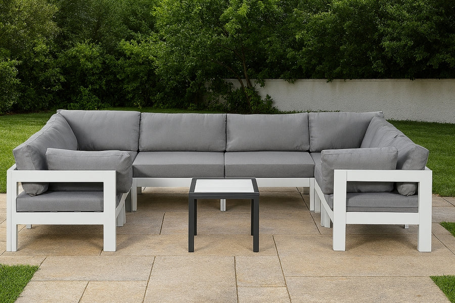 Meridian Furniture - Nizuc 120" Water Resistant Fabric Upholstered Outdoor Patio 8 Piece Modular Sectional - 375Grey-Sec8B - GreatFurnitureDeal