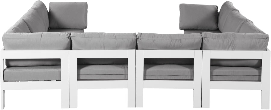 Meridian Furniture - Nizuc 120" Water Resistant Fabric Upholstered Outdoor Patio 8 Piece Modular Sectional - 375Grey-Sec8B - GreatFurnitureDeal