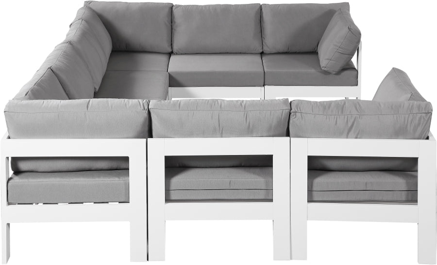 Meridian Furniture - Nizuc 120" Water Resistant Fabric Upholstered Outdoor Patio 8 Piece Modular Sectional - 375Grey-Sec8B - GreatFurnitureDeal