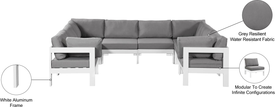 Meridian Furniture - Nizuc 120" Water Resistant Fabric Upholstered Outdoor Patio 8 Piece Modular Sectional - 375Grey-Sec8B - GreatFurnitureDeal