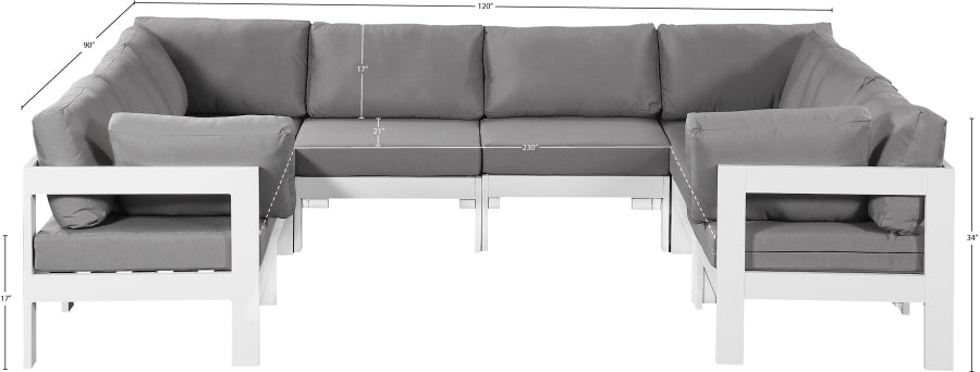 Meridian Furniture - Nizuc 120" Water Resistant Fabric Upholstered Outdoor Patio 8 Piece Modular Sectional - 375Grey-Sec8B - GreatFurnitureDeal