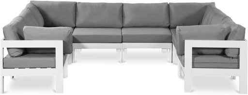 Meridian Furniture - Nizuc 120" Water Resistant Fabric Upholstered Outdoor Patio 8 Piece Modular Sectional - 375Grey-Sec8B - GreatFurnitureDeal