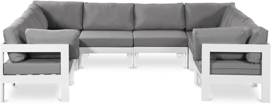 Meridian Furniture - Nizuc 120" Water Resistant Fabric Upholstered Outdoor Patio 8 Piece Modular Sectional - 375Grey-Sec8B - GreatFurnitureDeal