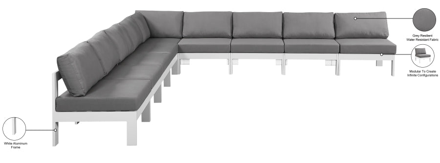 Meridian Furniture - Nizuc 150" Water Resistant Fabric Upholstered Outdoor Patio 9 Piece Modular Sectional - 375Grey-Sec9A - GreatFurnitureDeal