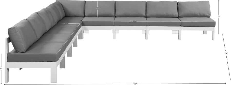 Meridian Furniture - Nizuc 150" Water Resistant Fabric Upholstered Outdoor Patio 9 Piece Modular Sectional - 375Grey-Sec9A - GreatFurnitureDeal