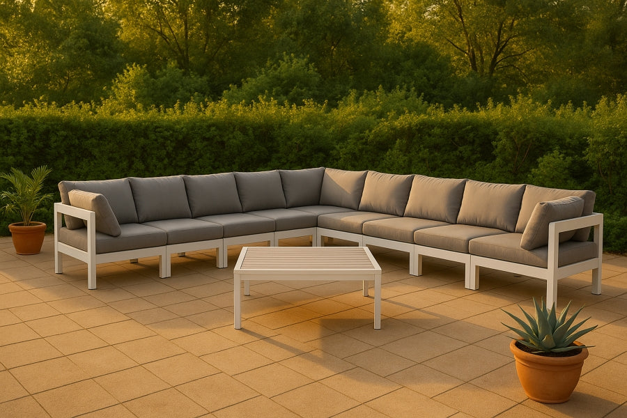 Meridian Furniture - Nizuc 150" Water Resistant Fabric Upholstered Outdoor Patio 9 Piece Modular Sectional - 375Grey-Sec9B - GreatFurnitureDeal