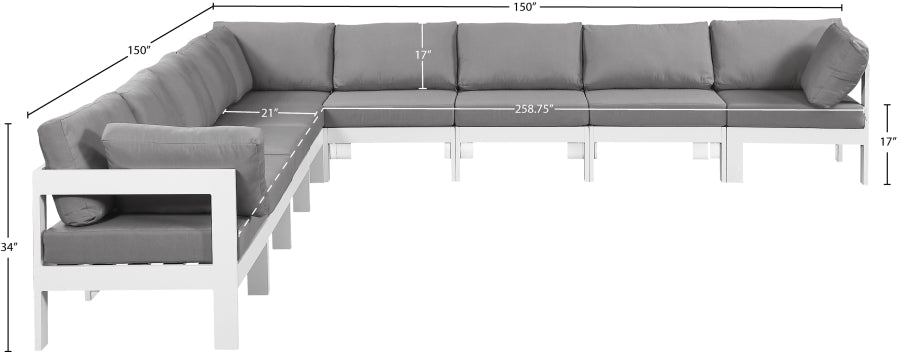 Meridian Furniture - Nizuc 150" Water Resistant Fabric Upholstered Outdoor Patio 9 Piece Modular Sectional - 375Grey-Sec9B - GreatFurnitureDeal