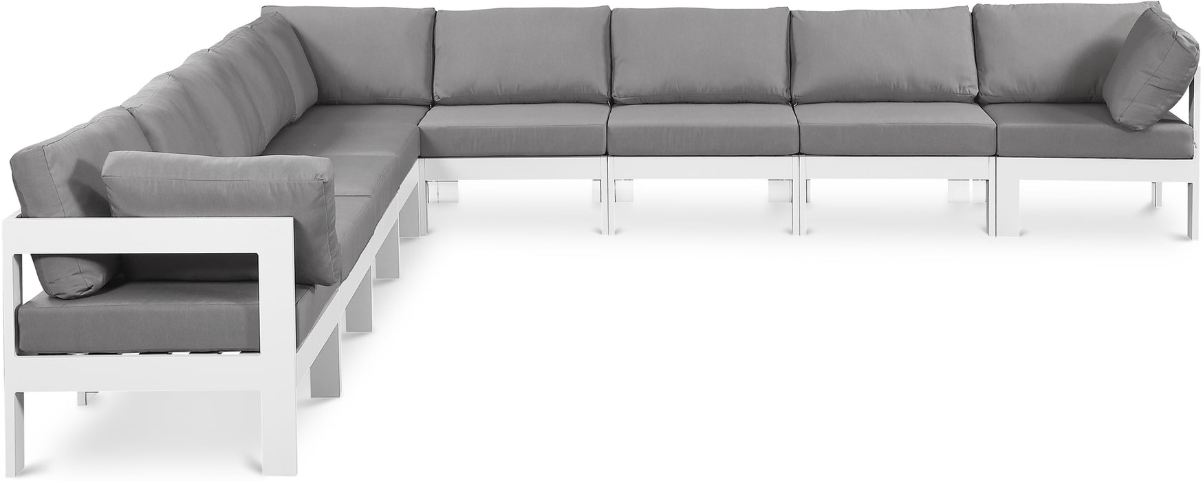 Meridian Furniture - Nizuc 150" Water Resistant Fabric Upholstered Outdoor Patio 9 Piece Modular Sectional - 375Grey-Sec9B - GreatFurnitureDeal