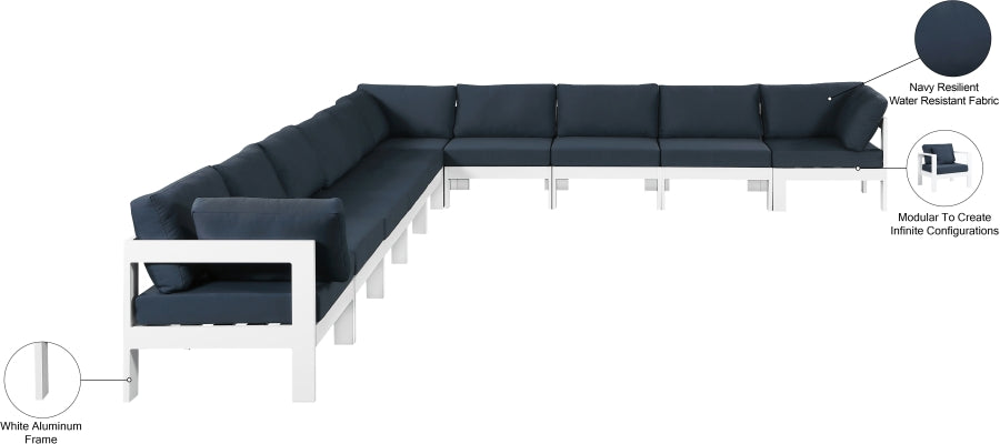 Meridian Furniture - Nizuc 180" Water Resistant Fabric Upholstered Outdoor Patio 10 Piece Modular Sectional - 375Navy-Sec10A - GreatFurnitureDeal
