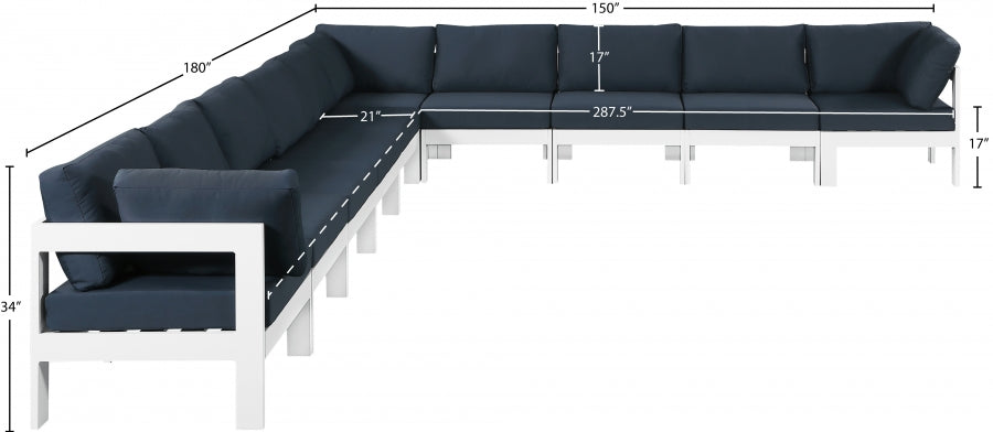 Meridian Furniture - Nizuc 180" Water Resistant Fabric Upholstered Outdoor Patio 10 Piece Modular Sectional - 375Navy-Sec10A - GreatFurnitureDeal