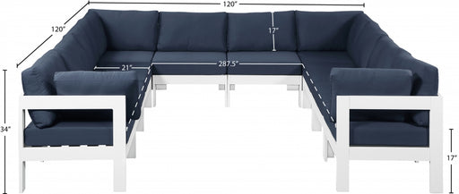 Meridian Furniture - Nizuc 120" Water Resistant Fabric Upholstered Outdoor Patio 10 Piece Modular Sectional - 375Navy-Sec10B - GreatFurnitureDeal