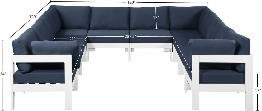 Meridian Furniture - Nizuc 120" Water Resistant Fabric Upholstered Outdoor Patio 10 Piece Modular Sectional - 375Navy-Sec10B - GreatFurnitureDeal